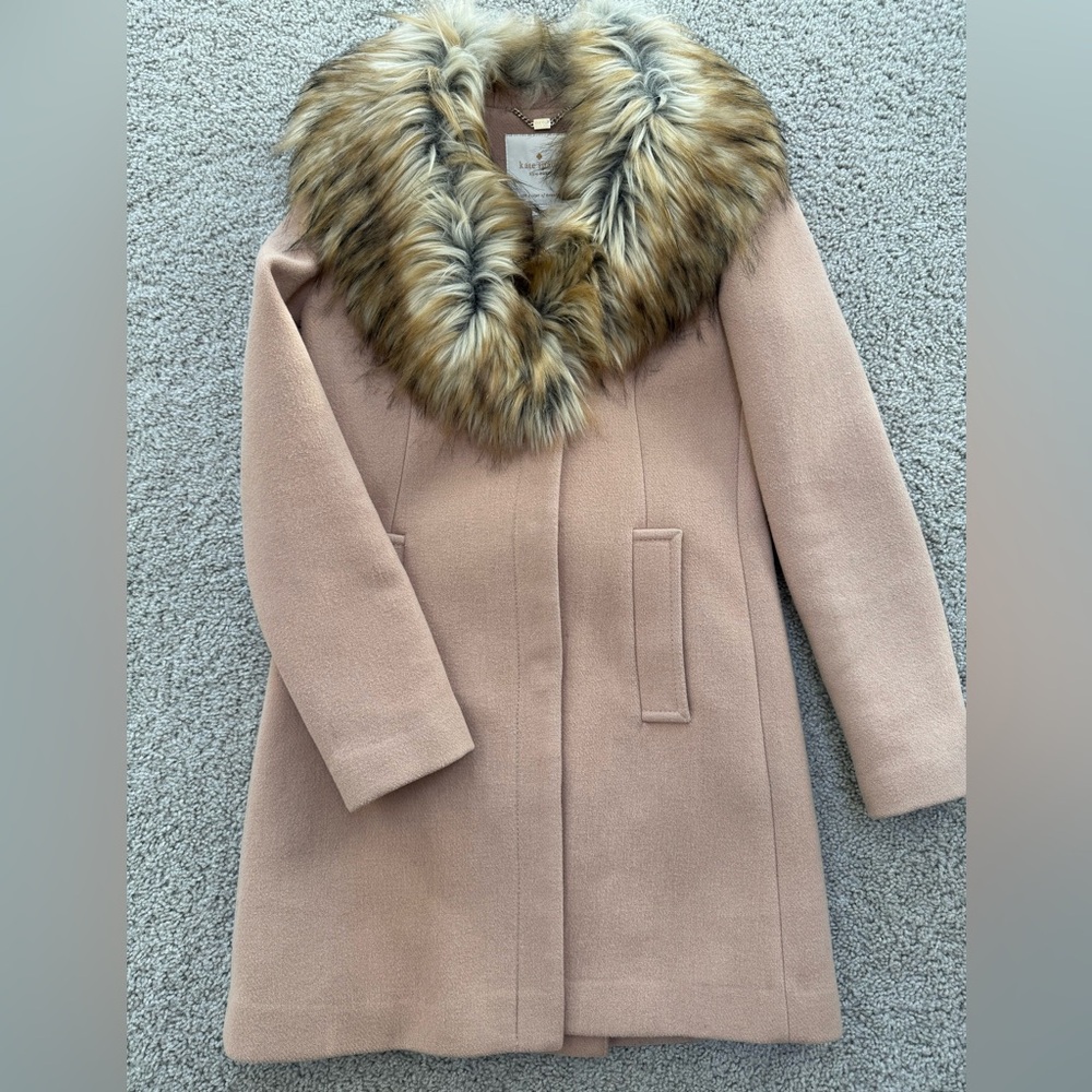 Kate Spade New York Womens Faux Fur Collar Coat Camel Size XS